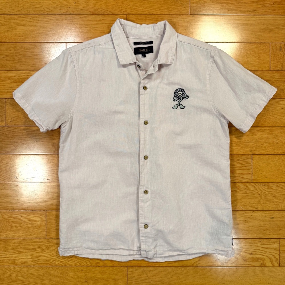 Roark Mens Small Organic Cotton Linen Embroidered Flower Shirt Light Pink